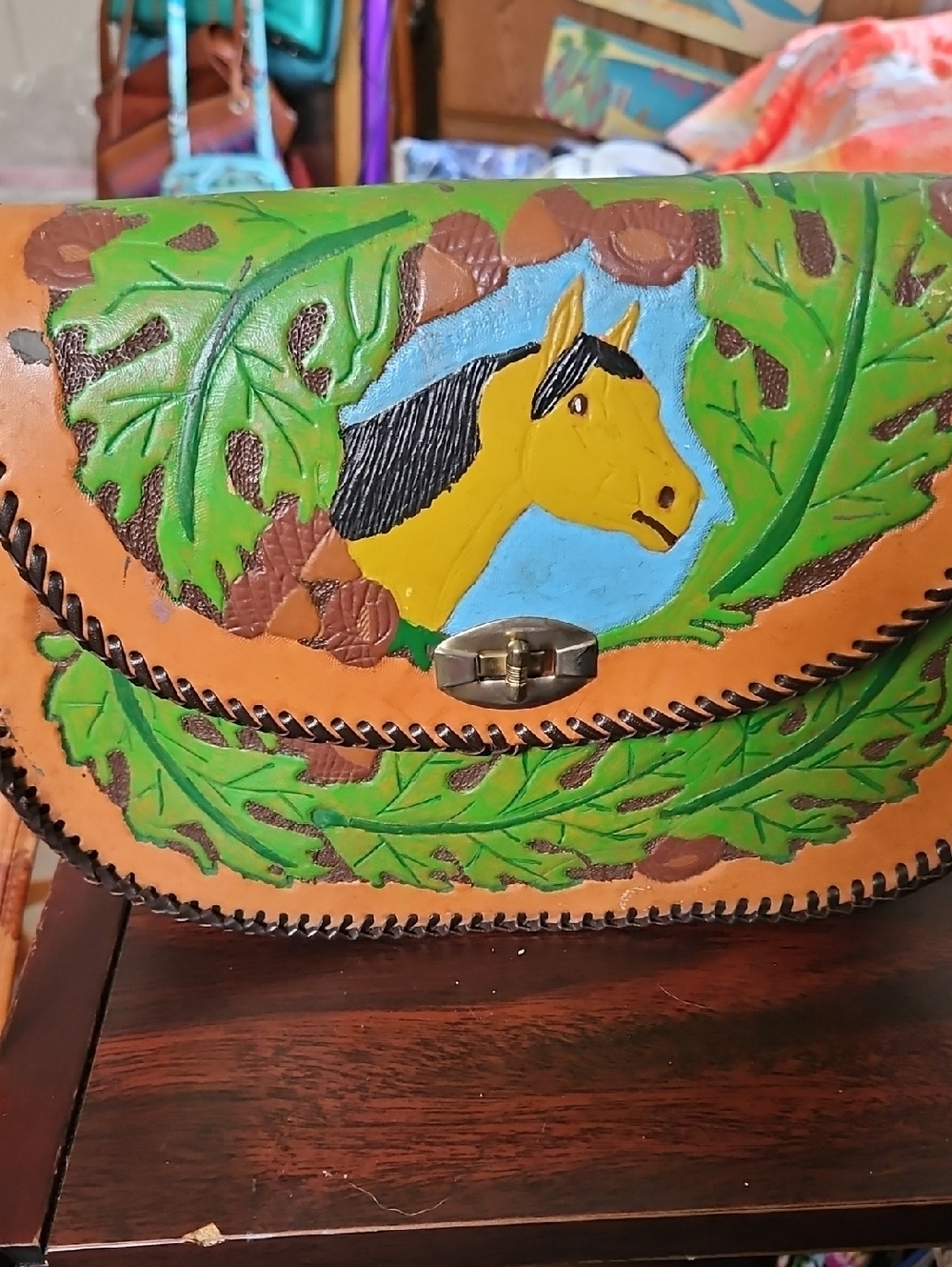 Hand-Painted Leather Horse Saddlebag Purse - Tan with Green & Yellow